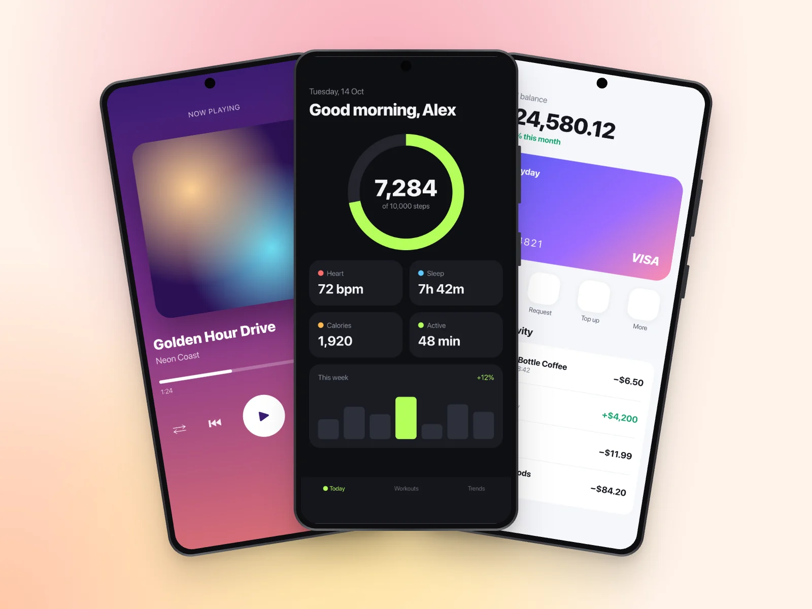 Three Android phone mockups fanned out like playing cards on a peach gradient.