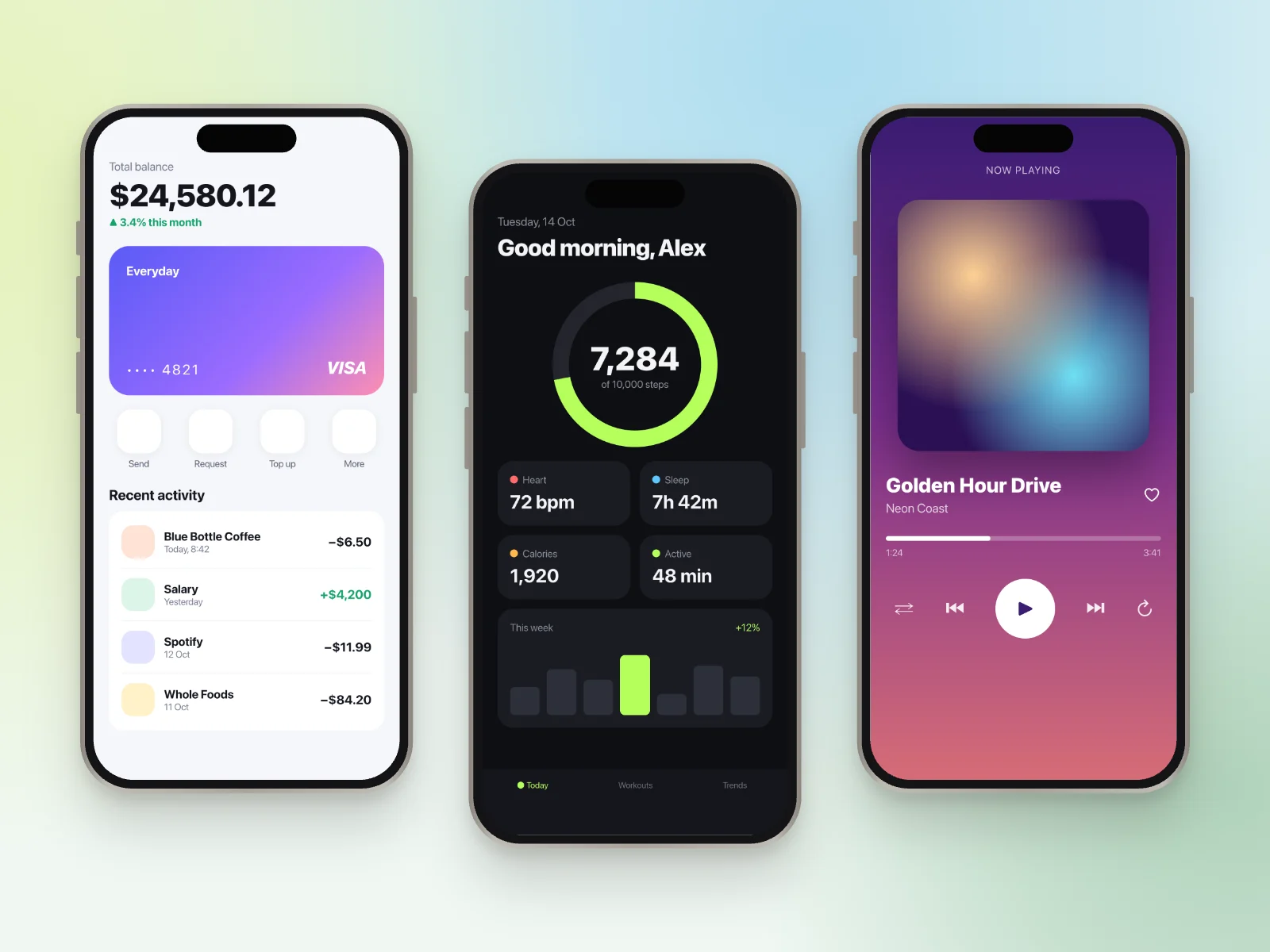 Three upright iPhone mockups of a banking app, a fitness app and a music player on a mint gradient.