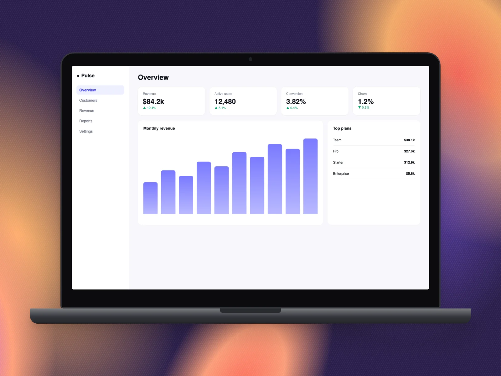 A laptop mockup showing a revenue dashboard on a dark purple and orange gradient.